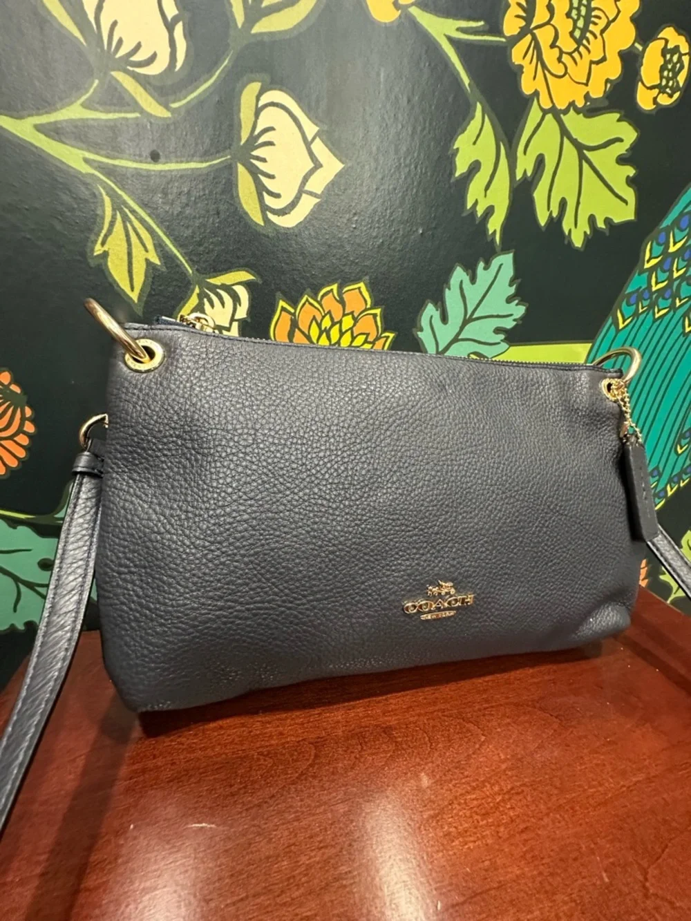 Coach Navy Pebbled Leather Crossbody Bag Gold Hardware Minimalist Shoulder Bag